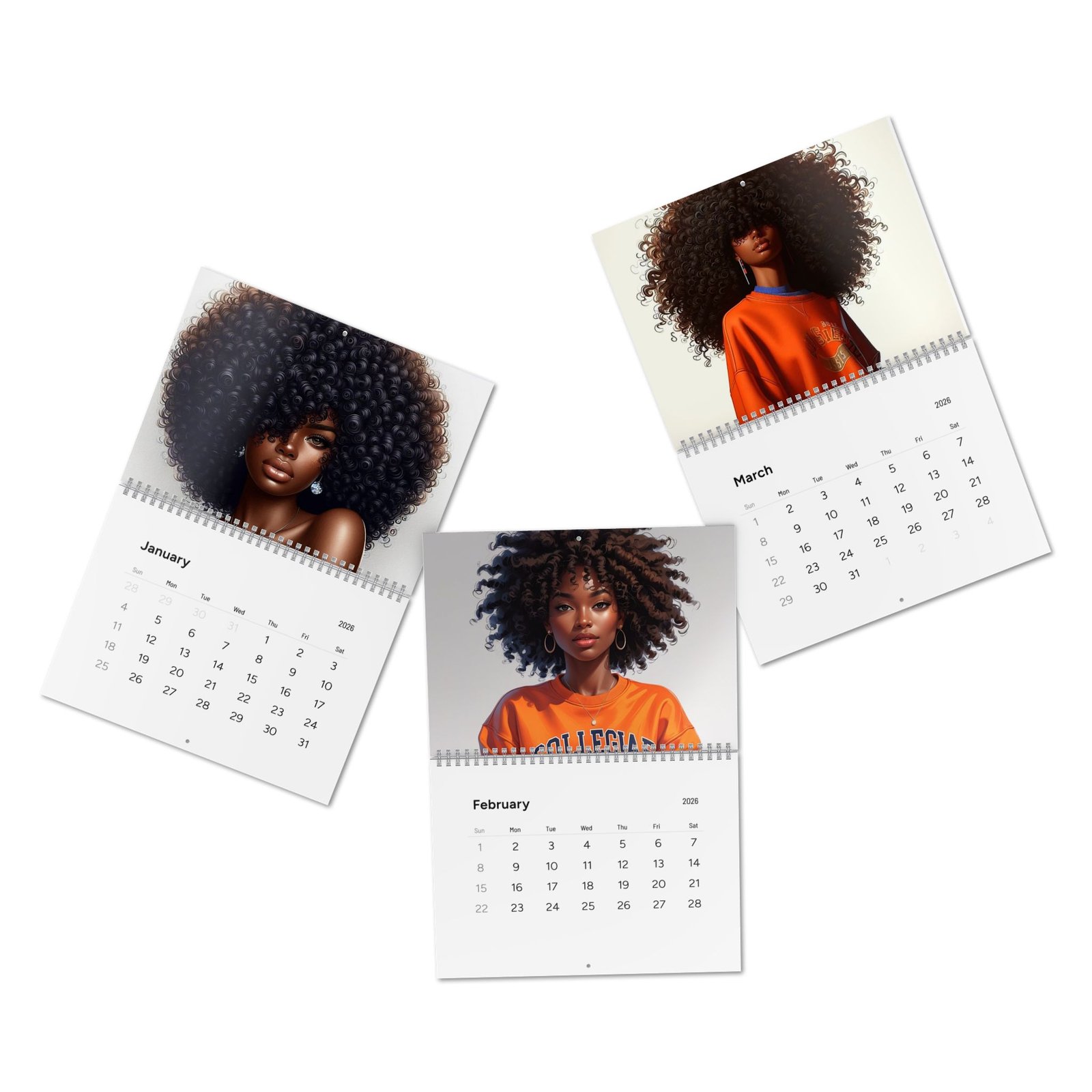 elegant afrocentric wall calendar 2026 | inspirational art, monthly planner, glossy or matte.