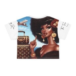 chic travel crop tee, fashionable summer top, white or black stitching.