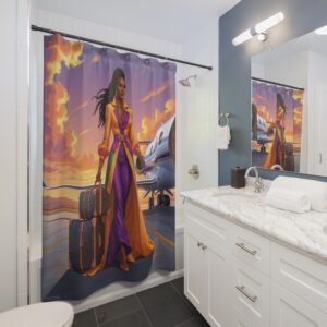 vibrant travel themed shower curtain, stylish bathroom décor, unique home makeover, gift idea for travelers, fun housewarming essentials