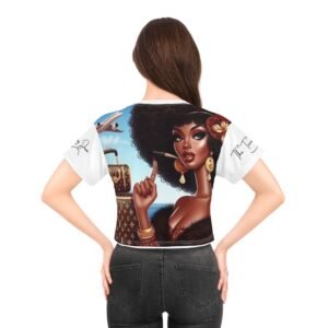 chic travel crop tee, fashionable summer top, white or black stitching.