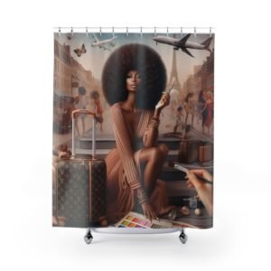 copy of vibrant travel themed shower curtain, stylish bathroom décor, unique home makeover, gift idea for travelers, fun housewarming essentials