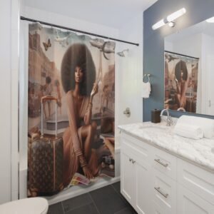 copy of vibrant travel themed shower curtain, stylish bathroom décor, unique home makeover, gift idea for travelers, fun housewarming essentials