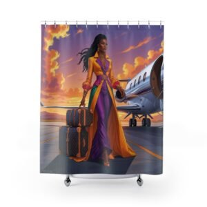 vibrant travel themed shower curtain, stylish bathroom décor, unique home makeover, gift idea for travelers, fun housewarming essentials