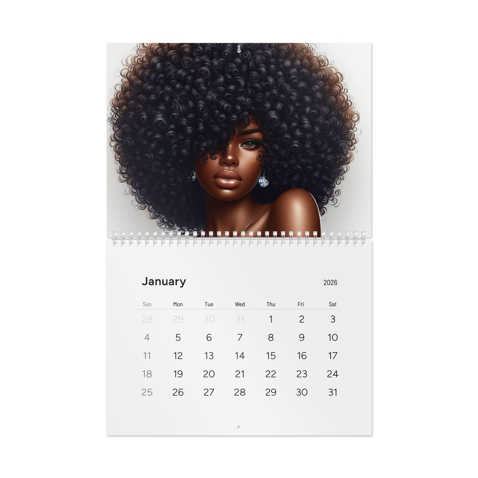 elegant afrocentric wall calendar 2026 | inspirational art, monthly planner, glossy or matte.