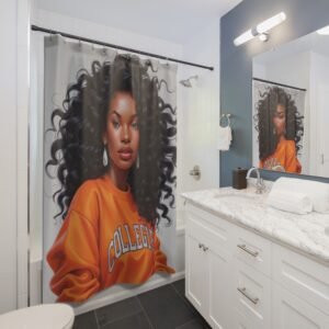 chic satin shower curtain with glamorous portrait, modern bathroom decor, stylish home accessory, unique gift for her, artistic [...]