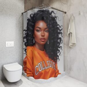 chic satin shower curtain with glamorous portrait, modern bathroom decor, stylish home accessory, unique gift for her, artistic [...]