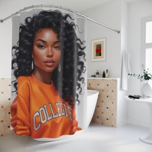 chic satin shower curtain with glamorous portrait, modern bathroom decor, stylish home accessory, unique gift for her, artistic [...]