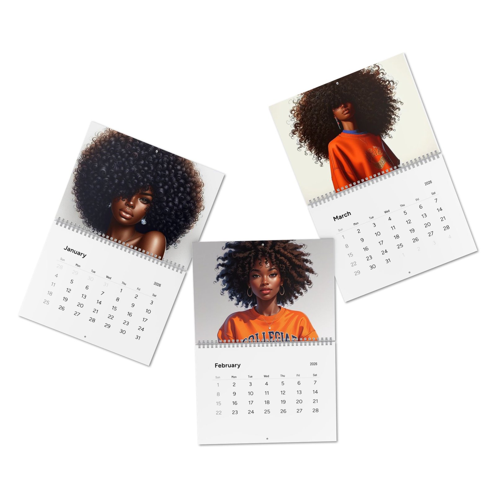 elegant afrocentric wall calendar 2026 | inspirational art, monthly planner, glossy or matte.