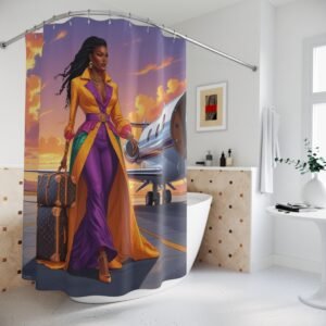 vibrant travel themed shower curtain, stylish bathroom décor, unique home makeover, gift idea for travelers, fun housewarming essentials