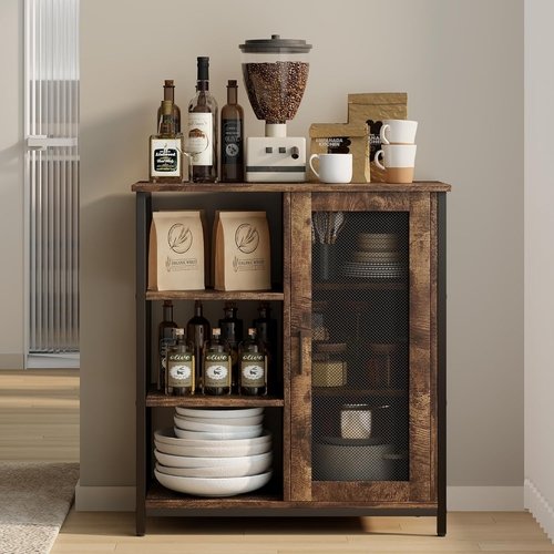 Mini Coffee Bar Cabinet 27.5 Inch Brown Finish Storage Unit - Image 2