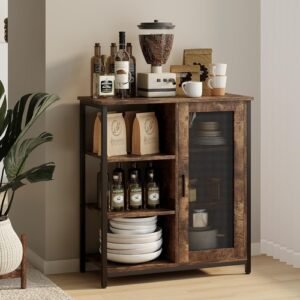 Mini Coffee Bar Cabinet 27.5 Inch Brown Finish Storage Unit
