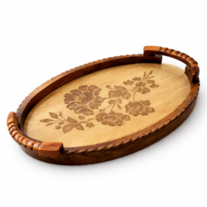 Handcrafted Oval Wooden Floral Serving Tray