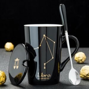 12 Constellations Ceramic Coffee Milk Mug with Spoon Lid Black and