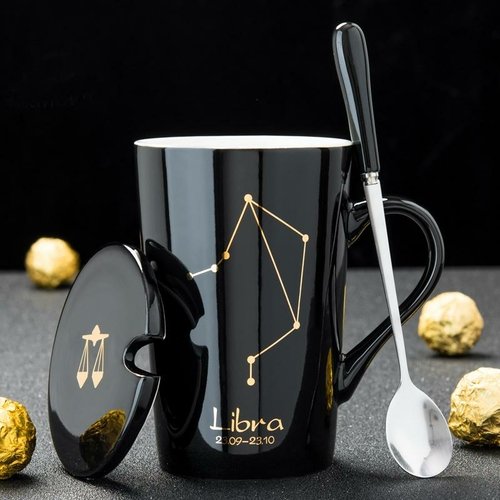 12 Constellations Ceramic Coffee Milk Mug with Spoon Lid Black and