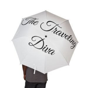 The Traveling Diva Minimalist , Compact Semi‑Automatic Travel Rain Umbrella with Script Design.
