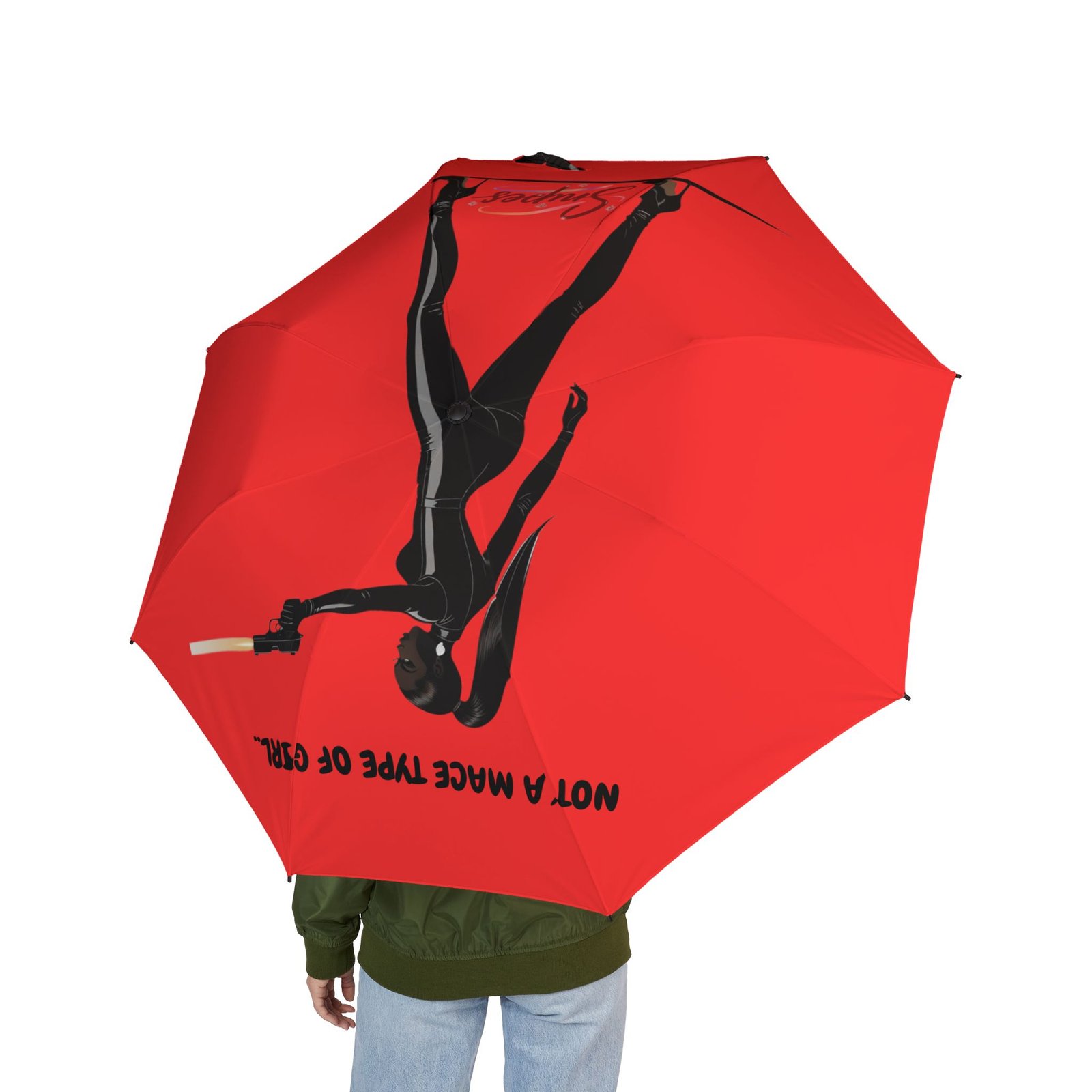 230201317697840832_2048.jpeg Foldable Umbrella — Red Samurai Silhouette with 'To Make Type Of Order' Graphic - Image 4