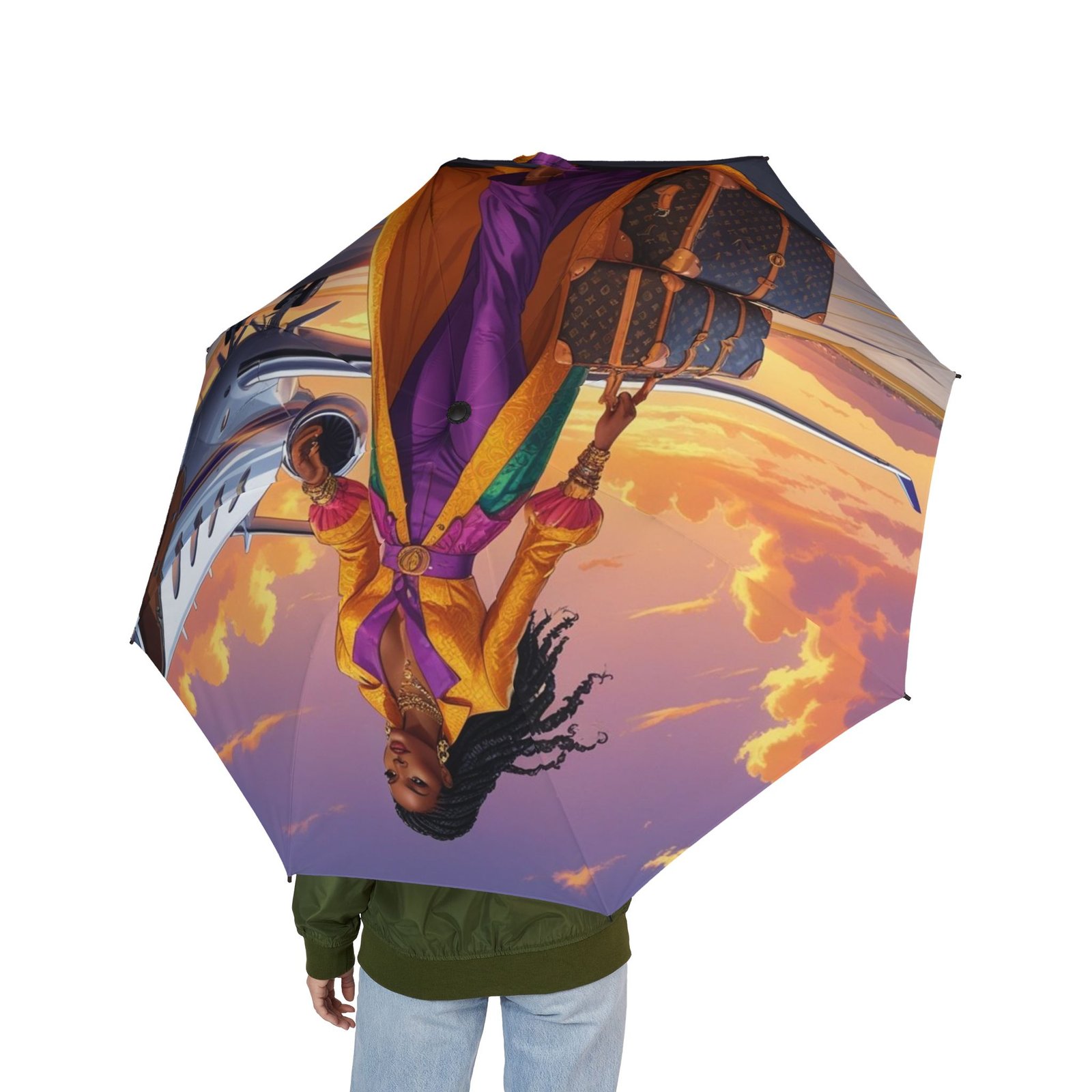 2779359148313323221_2048.jpeg Foldable Umbrella — Vibrant Sunset Traveler Illustration - Image 3